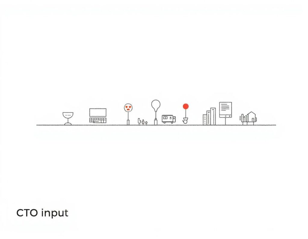 A clean, modern illustration of a three-year technology roadmap for a mid-sized company, shown as a single horizontal timeline divided into three sections labeled only with the numbers 1, 2, and 3 at the top.