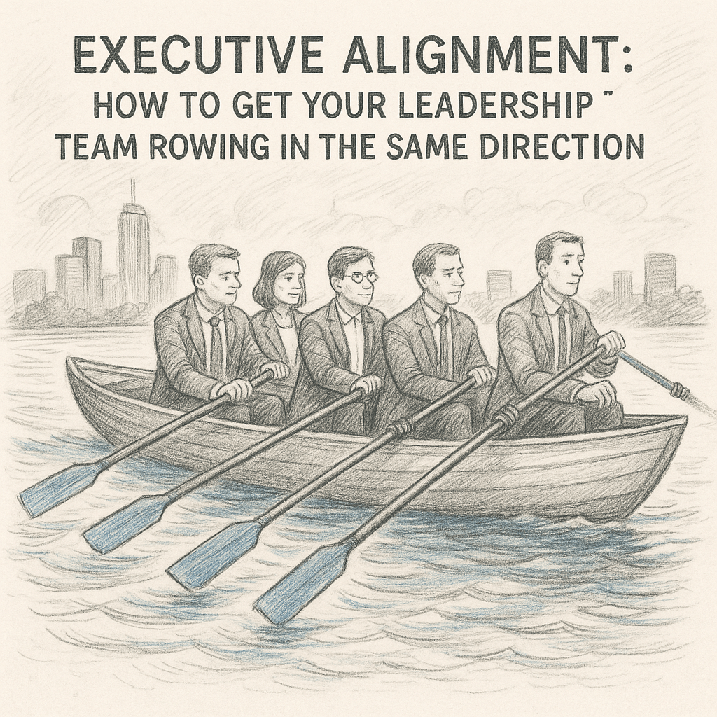 An images of executives rowing in a boat together.