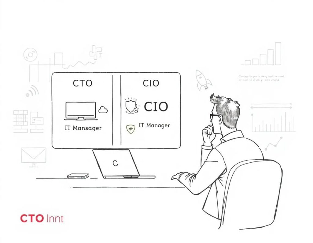 An image showing a mid-market CEO sitting at a desk, looking thoughtfully at a laptop screen that displays three large side-by-side panels labeled “CTO,” “CIO,” and “IT Manager.”