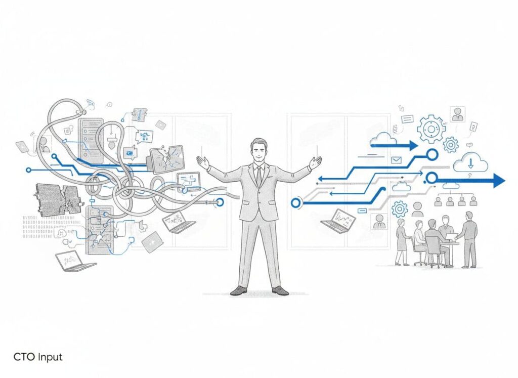 Stressed worker at cluttered desk trying to stop technology chaos