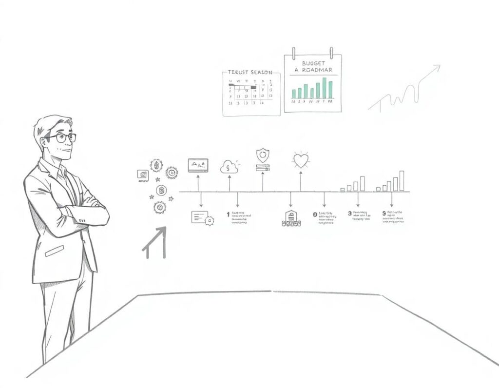 Minimalist sketch-style illustration of a confident tech leader presenting a sleek tech roadmap timeline to a thoughtful CFO in a boardroom, highlighting trust, growth, and alignment between innovation and finance.