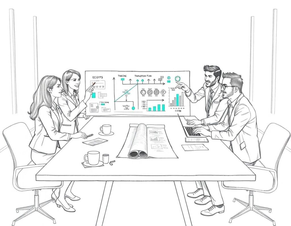 Team collaborating on an epic transition plan for successful organizational change.