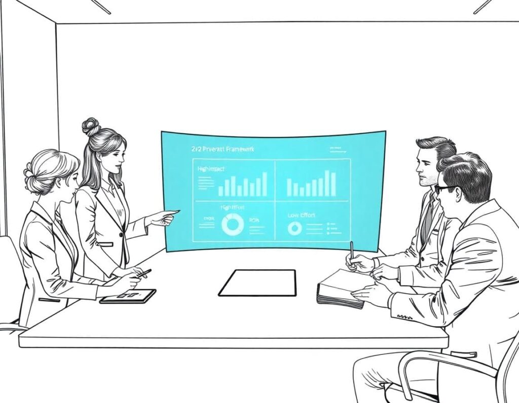 Executive team mapping an Investment Priority Framework on a digital dashboard