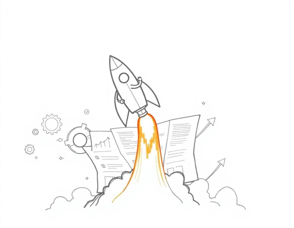 A rocket blasting off with explosive strategy business plan for unstoppable growth