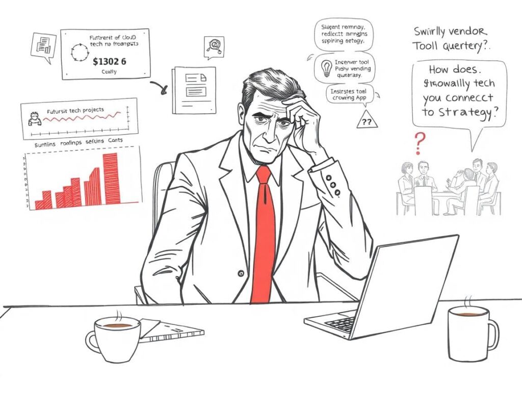 Executives reviewing a digital roadmap to align IT projects with business strategy.