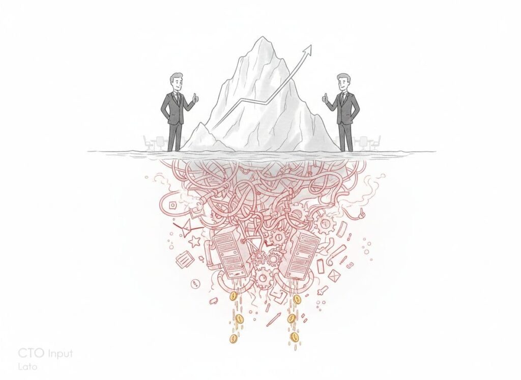 Illustration of executives admiring an iceberg of visible business growth while below the surface tangled cables, servers, and leaking coins reveal the hidden cost of tech chaos.