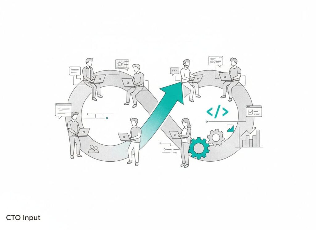 Illustration of a tech team working on laptops along an infinity loop with gears, charts, and an upward arrow, symbolizing a continuous improvement culture in software development.