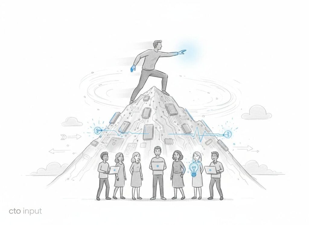 Illustration of fearless leadership in technology guiding a diverse tech team to breakthrough success