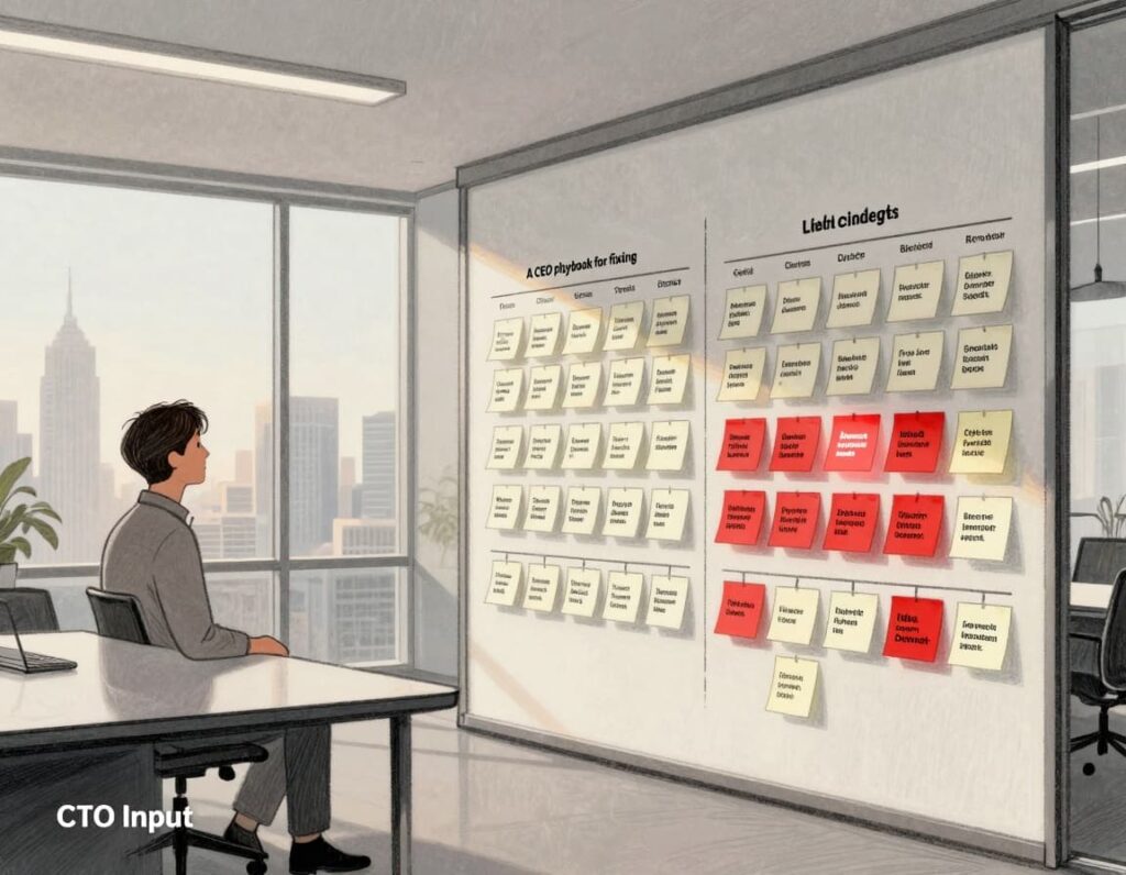 A CEO playbook for fixing what hurts the business first., calm CEO in a glass-walled boardroom at sunrise, city skyline in the background, a large wall filled with sticky notes and kanban-style cards labeled with tech issues ordered by business impact, some cards glowing red for high-risk systems, clear sense of priority from left (chaos) to right (clarity)