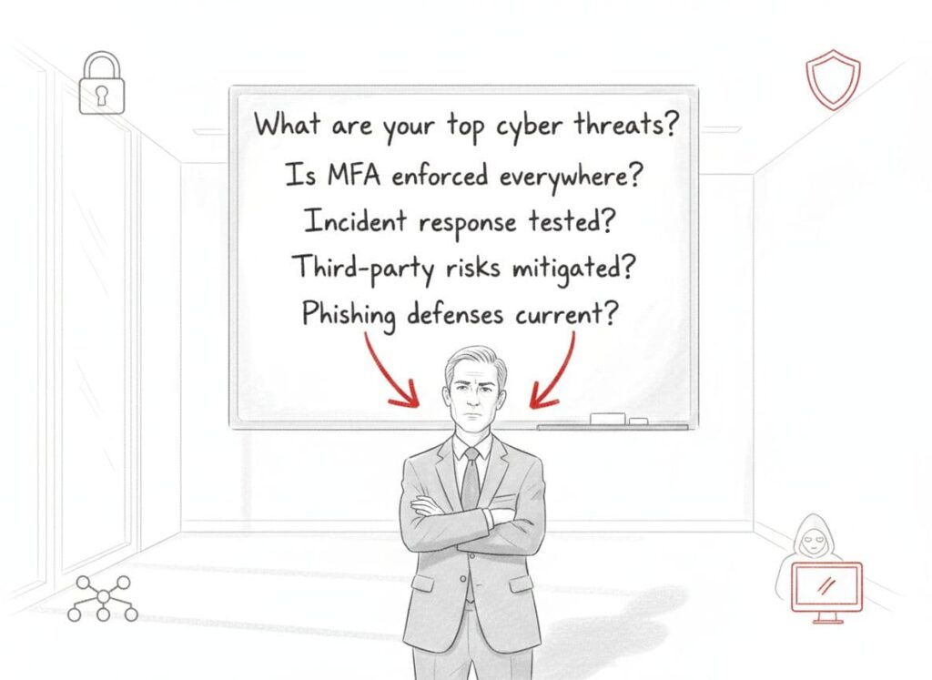 An image of a board questions about ransomware to a CISO