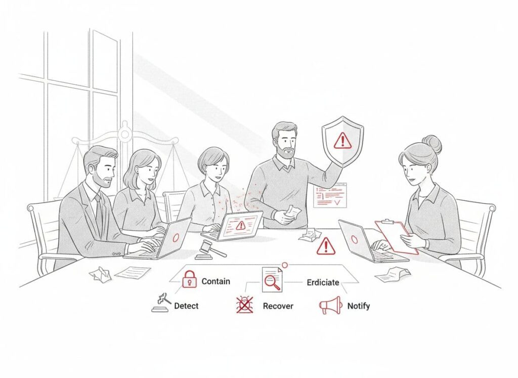 An image of a team building a data breach response plan for justice organizations