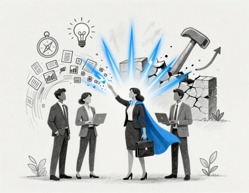 Minimalist sketch-style line art illustration of a diverse professional team transforming chaotic data into radiant electric blue superpower beams, symbolizing empowerment, growth, and overcoming obstacles.