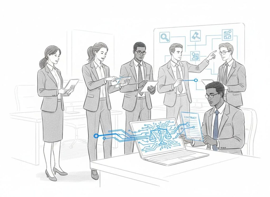 Minimalist sketch-style illustration of legal tech and a diverse group of lawyers collaborating with AI tools in a modern office, featuring line art and electric blue accents.