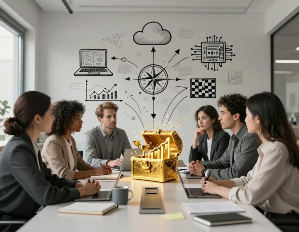 An image of a team aligning technology projects with strategy for payoff