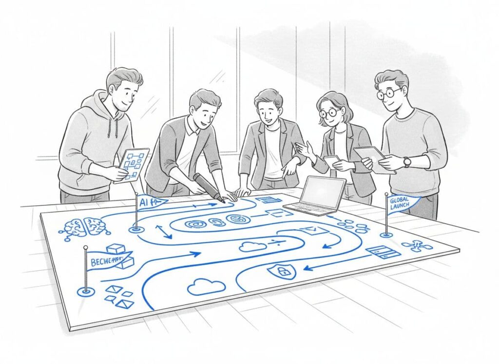 An image of a team using a technology roadmap template together