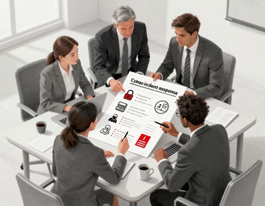 An image that shows people reviewing their executive cyber incident checklist