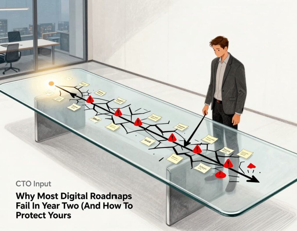 Top-down view of a sleek digital roadmap on a glass conference table: first year glowing bright, second year cracked with sticky notes, warnings, and missed milestones. A calm CTO in a dark blazer realigns it with arrows pointing to profit, risk, and growth in a modern office at dusk.