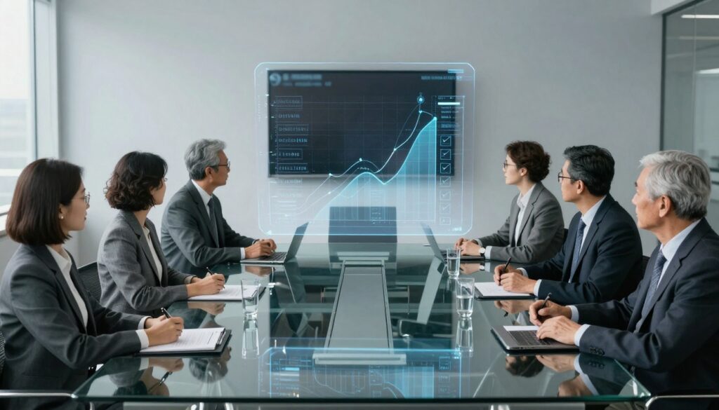 A board reviewing a board readiness assessment scorecard together to determine risk and opportunities