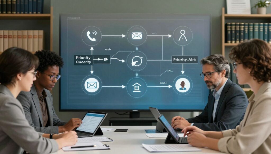 A team reviewing a new set of legal aid intake triage best practices