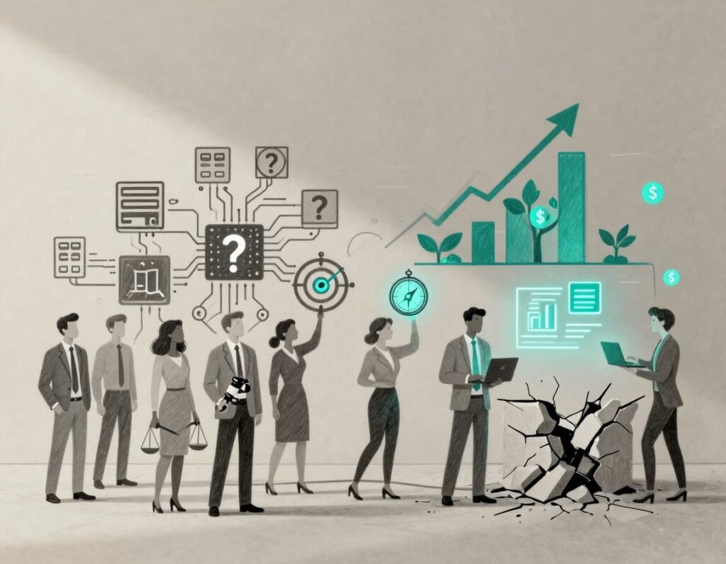 Minimalist sketch-style illustration of puzzled legal advocates amid chaotic tech symbols, guided by confident consultants towards clarity, growth, and ROI in technology investment. All so they can better Measure Technology ROI In Legal Advocacy Groups.