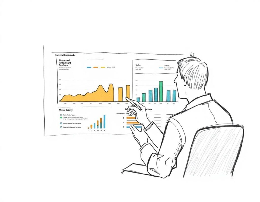 Manager reviewing external benchmarks dashboard highlighting critical performance gaps.