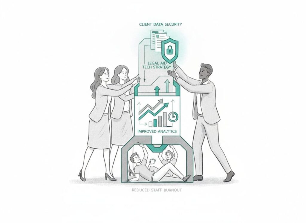 Sketch-style line art illustration of diverse leaders building a modular tower symbolizing legal aid technology: reduced burnout base, analytics middle, protected clients top and legal aid technology strategy.