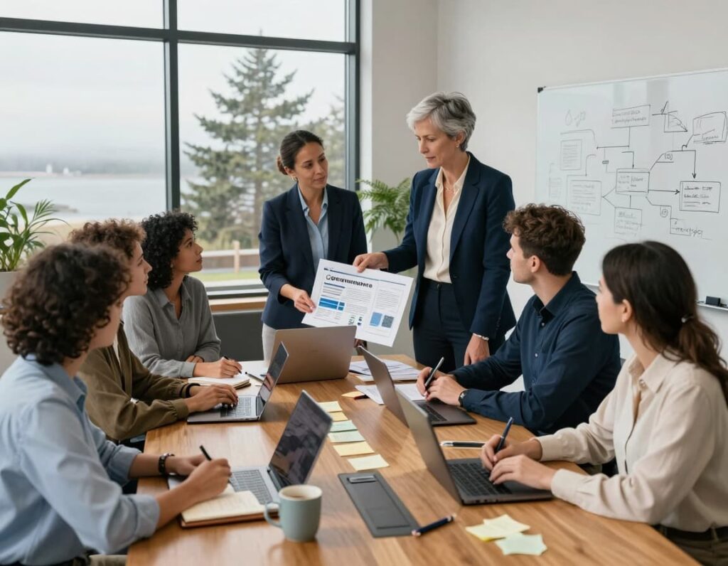 An image of a CEO and her team getting a better understanding about technology governance for boards