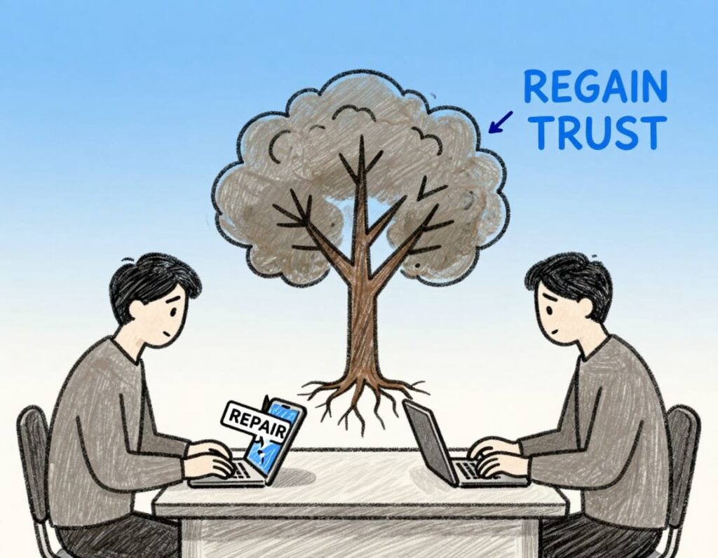 Minimalist editorial illustration depicting how to regain customer trust following a technology failure. Sketch-style line art with soft pencil texture, neutral tones, bold accent color, and clean white background.