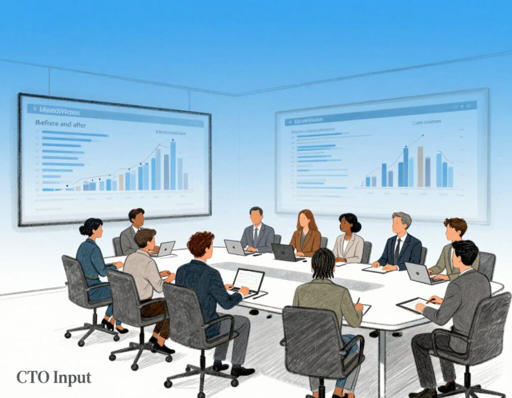 Minimalist editorial illustration in sketch-style line art depicting an executive-level data war room focused on restorative justice outcomes, with large transparent screens displaying before-and-after metrics for recidivism, victim satisfaction, and case outcomes, diverse legal and technology leaders discussing around a sleek conference table.