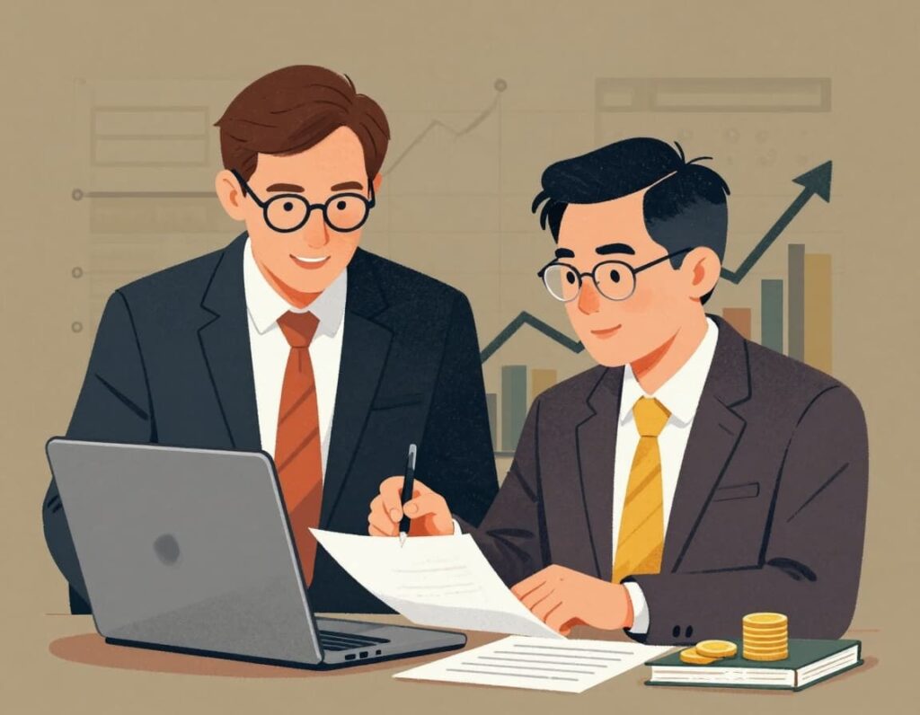 Image that shows one technology leader and one financial leader working together to create a plan