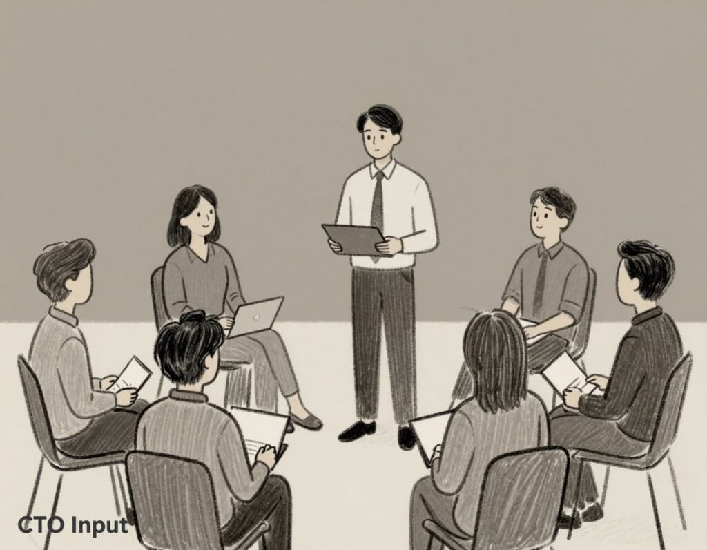 Minimalist editorial illustration in sketch-style line art depicting a group of people attempting to create a technology strategy without a technology leader present. Soft pencil texture with neutral tones and a bold accent color on a clean white background, featuring a subtle CTO Input watermark.