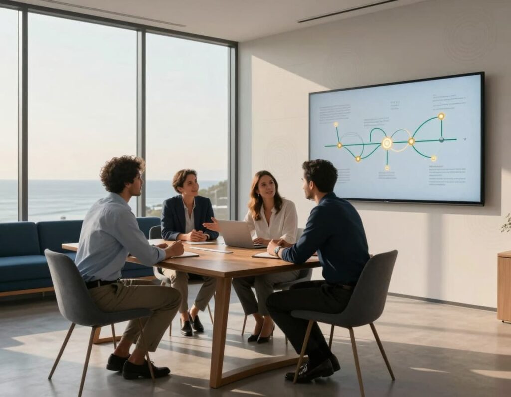 A team discussing 7 real-world technology roadmap examples from mid-market Companies