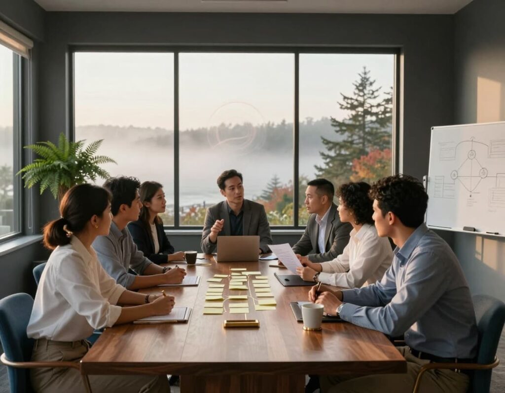 a team creating a technology roadmap for mid-sized companies