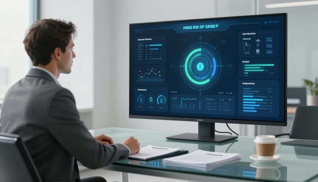 A leader reviewing a cyber risk dashboard for grant reporting