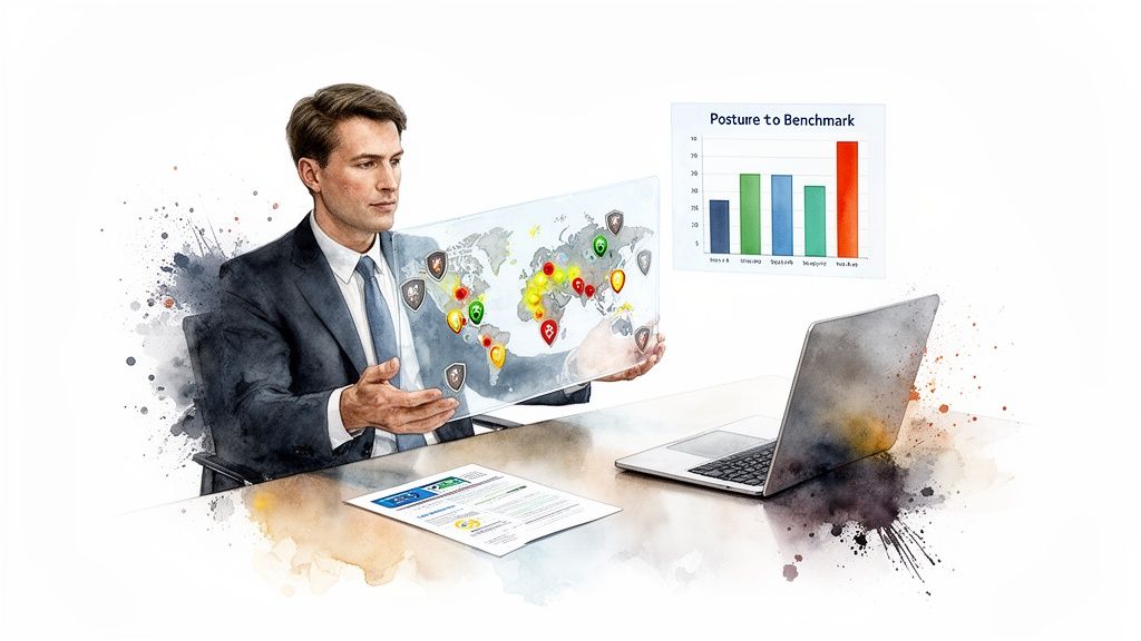 Businessman reviewing global cybersecurity data on a transparent screen with a benchmark chart and laptop.