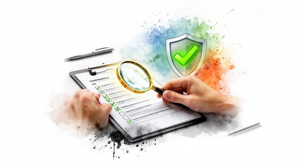 Hands using a magnifying glass to review a checklist, next to a security shield with a checkmark.