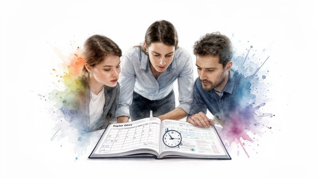Three individuals intently looking at an open planner or calendar in a watercolor artwork.