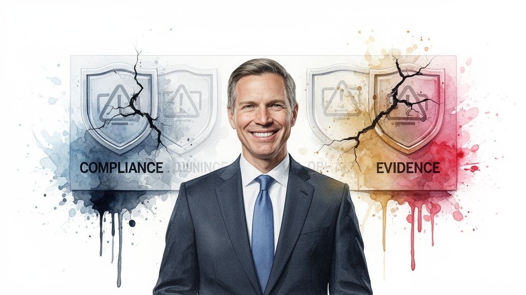 A smiling man in a suit stands before cracked shields representing compliance and evidence.