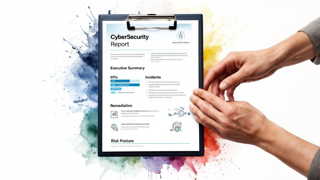 Hands holding a 'CyberSecurity Report' on a clipboard, highlighting key metrics and incidents.