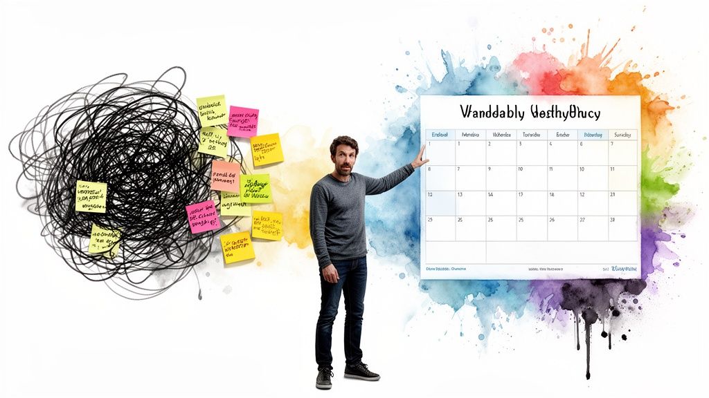 A man presenting a clear calendar schedule, contrasting with a chaotic tangle of sticky notes.