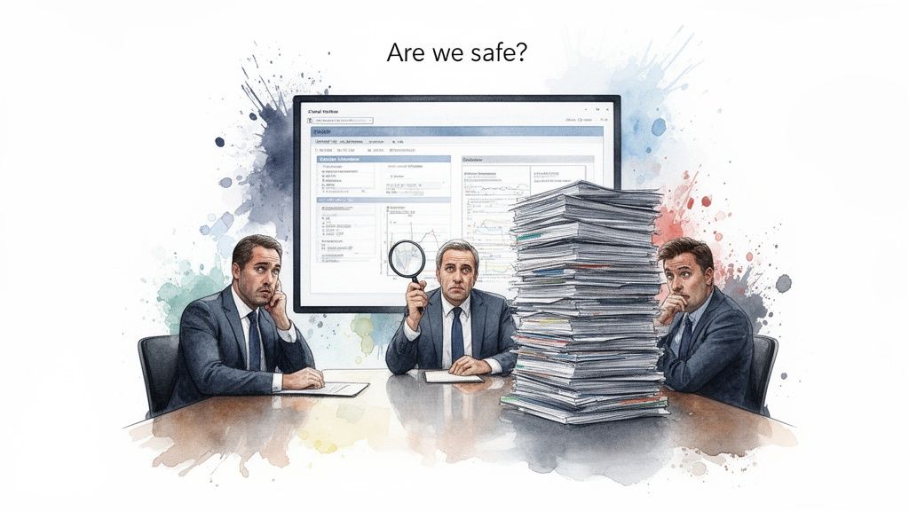 Three concerned businessmen scrutinize data on a screen and a massive pile of documents.