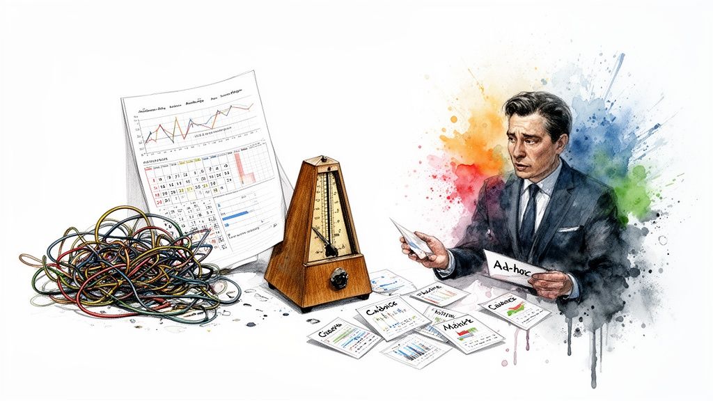 A thoughtful businessman struggles with 'Ad-hoc' tasks versus structured 'Cadence' amid complex data and timing tools.