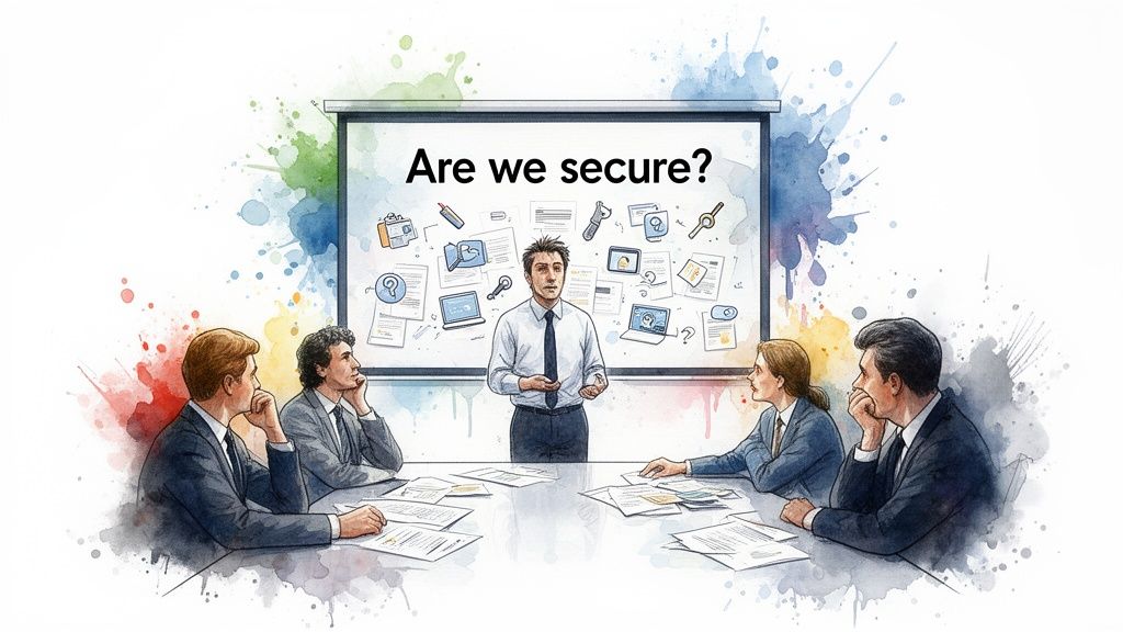 Business professionals in a meeting, focused on a screen asking 'Are we secure?' about cybersecurity.