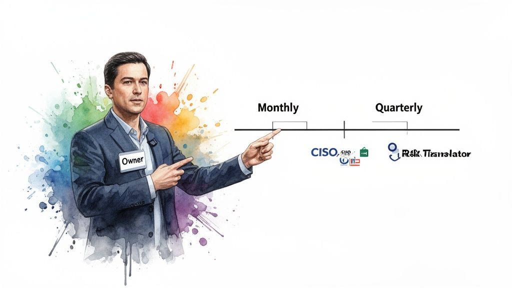 An owner points to a timeline showing monthly CISO and quarterly risk reporting cadence.
