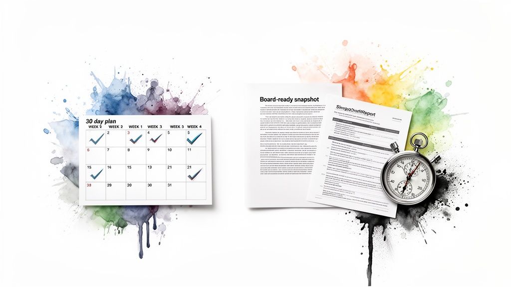 A 30-day plan calendar, business reports, and a stopwatch with colorful watercolor splashes.