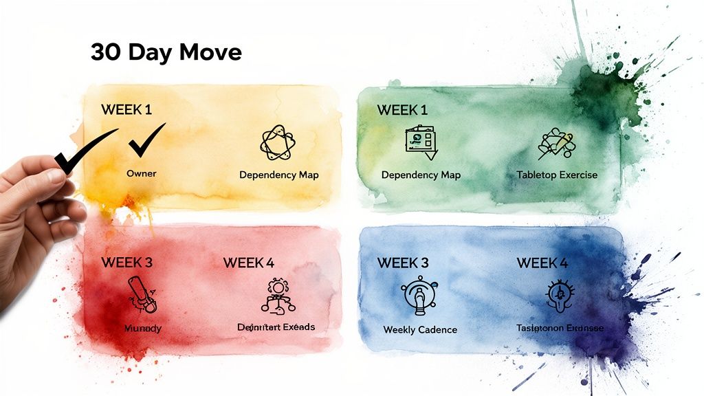 A 30-day business plan, divided into watercolor blocks, detailing tasks like dependency mapping and tabletop exercises.