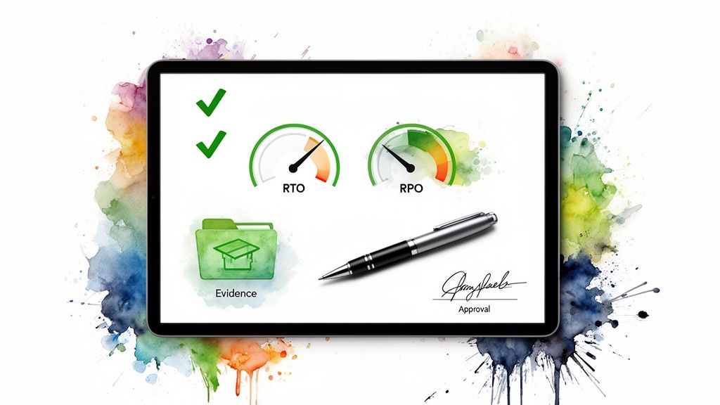 A tablet displays RTO/RPO metrics, green checkmarks, an evidence folder, and a pen with a signature for approval.