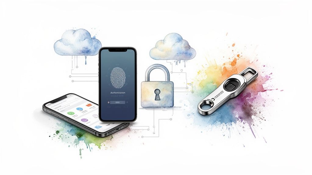 Digital security concepts illustrated with smartphones, cloud, padlock, and a physical security key.