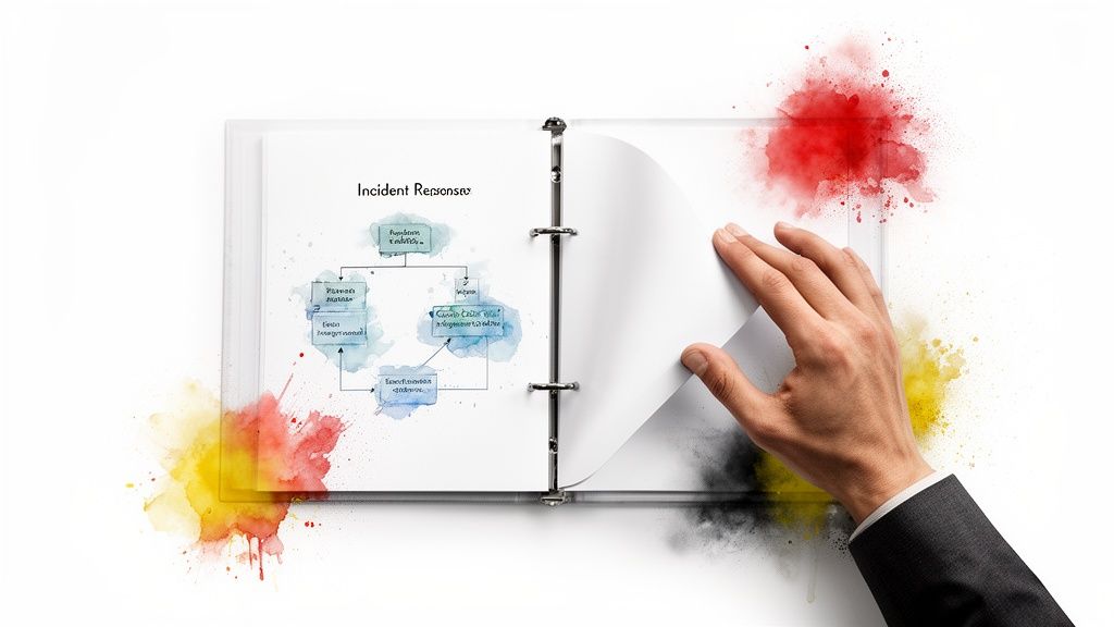 A hand turns a page in a binder displaying an 'Incident Response' diagram with watercolor splashes.