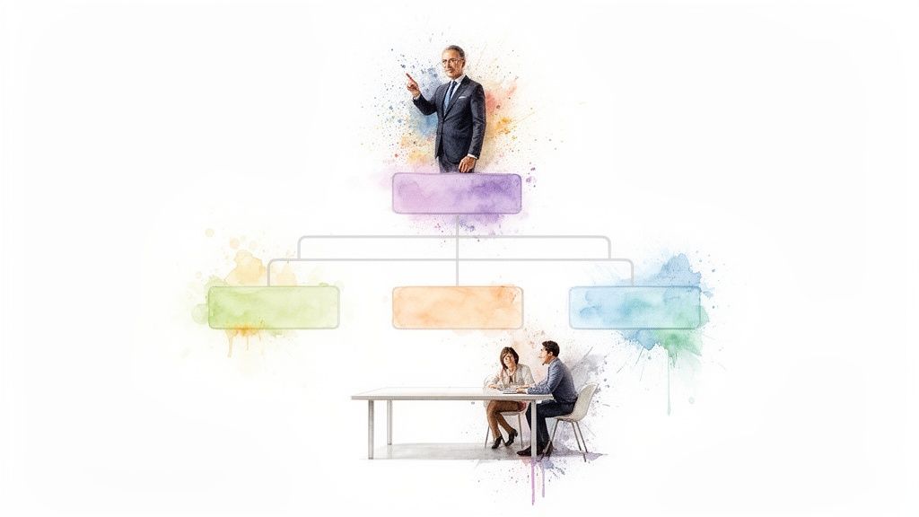 A business leader points above an organizational chart with three sections and two people collaborating.